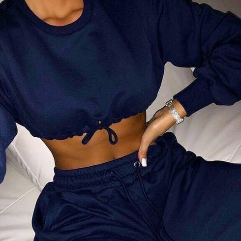 the keeper comfy jogger bottoms & long sleeve jogger cropped top SET navy