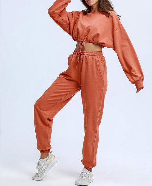 The Keeper Comfy Jogger Bottoms & Long Sleeve Jogger Cropped Top SET ORANGE