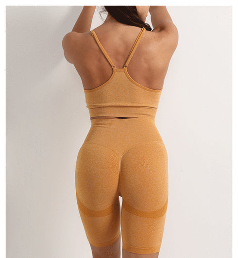 طقم شورت قصير لركوب الدراجات من ذا كيبر بدون درزات، بخصر مرتفع، ومُكشكش، باللون الأصفر