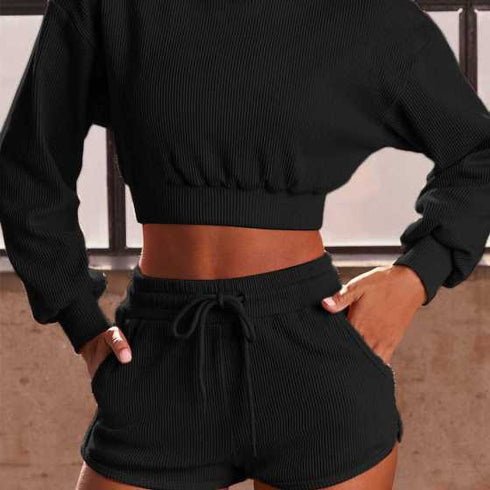 the keeper comfy shorts & long sleeve jogger cropped top SET black