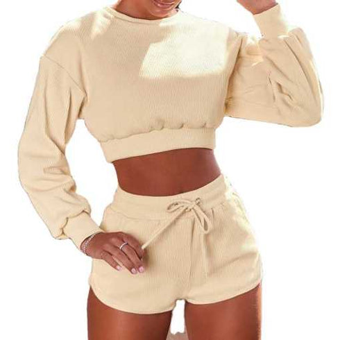 the keeper comfy shorts & long sleeve jogger cropped top SET CREAM