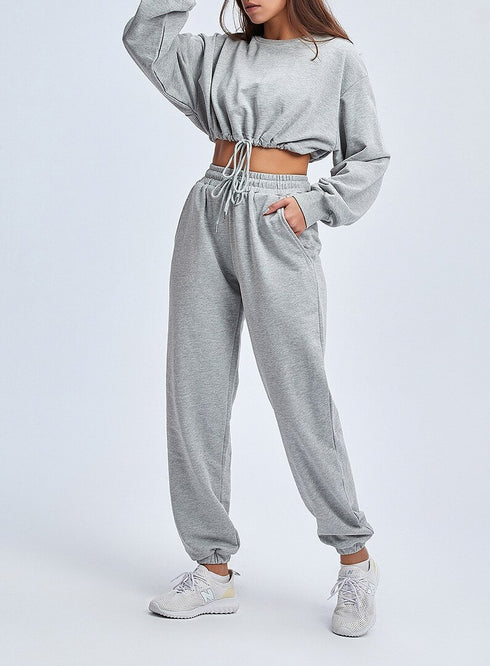 the keeper comfy jogger bottoms & long sleeve jogger cropped top SET navy